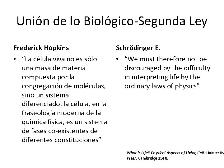 Unión de lo Biológico-Segunda Ley Frederick Hopkins Schrödinger E. • “La célula viva no
