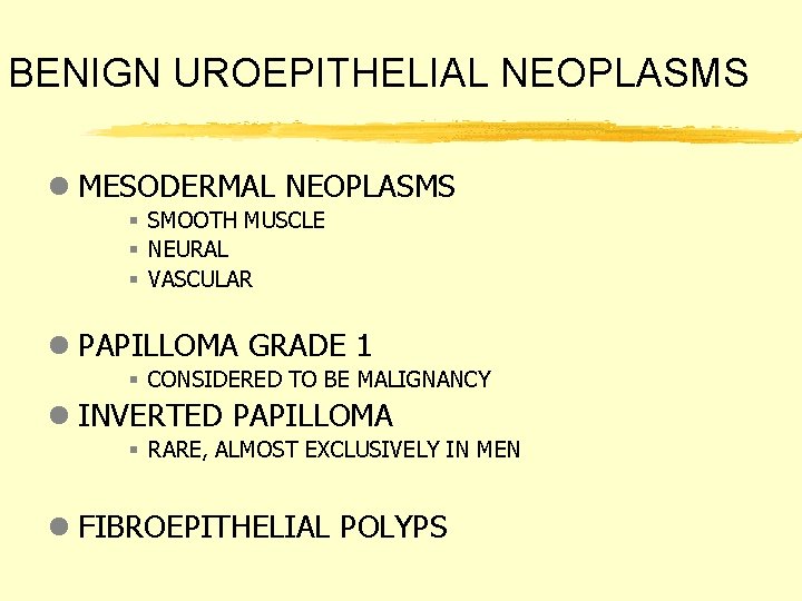 BENIGN UROEPITHELIAL NEOPLASMS l MESODERMAL NEOPLASMS § SMOOTH MUSCLE § NEURAL § VASCULAR l