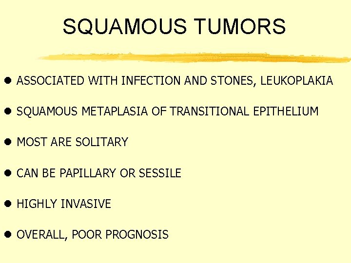 SQUAMOUS TUMORS l ASSOCIATED WITH INFECTION AND STONES, LEUKOPLAKIA l SQUAMOUS METAPLASIA OF TRANSITIONAL