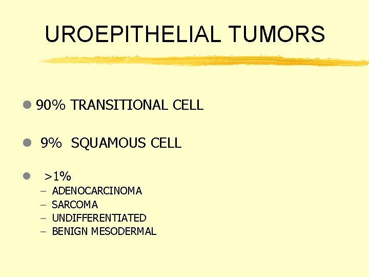 UROEPITHELIAL TUMORS l 90% TRANSITIONAL CELL l 9% SQUAMOUS CELL l >1% – –