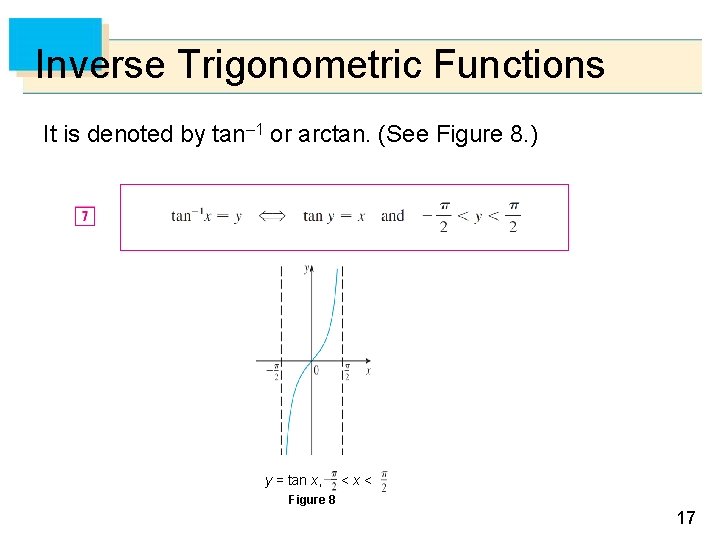 Inverse Trigonometric Functions It is denoted by tan– 1 or arctan. (See Figure 8.