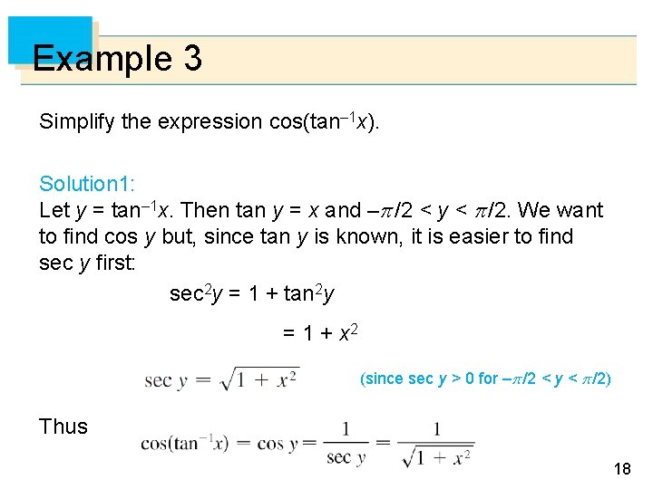Example 3 Simplify the expression cos(tan– 1 x). Solution 1: Let y = tan–