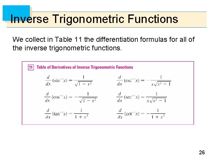 Inverse Trigonometric Functions We collect in Table 11 the differentiation formulas for all of