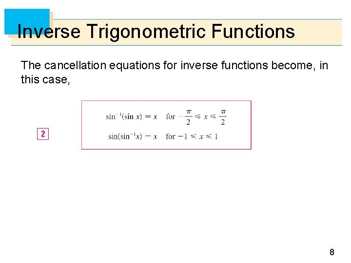 Inverse Trigonometric Functions The cancellation equations for inverse functions become, in this case, 8