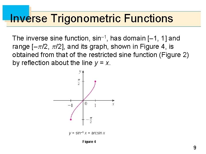 Inverse Trigonometric Functions The inverse sine function, sin– 1, has domain [– 1, 1]