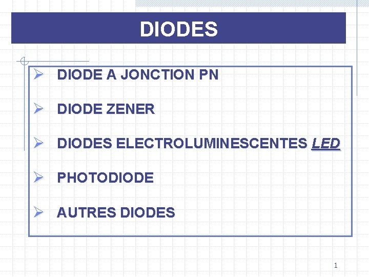 DIODES Ø DIODE A JONCTION PN Ø DIODE ZENER Ø DIODES ELECTROLUMINESCENTES LED Ø