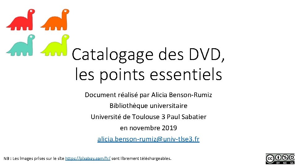 Catalogage des DVD, les points essentiels Document réalisé par Alicia Benson-Rumiz Bibliothèque universitaire Université