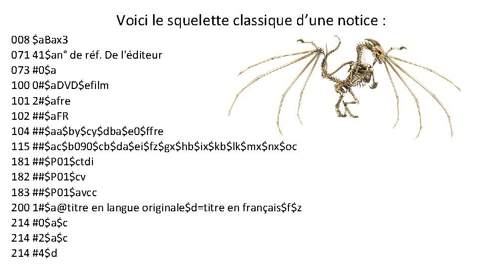 Voici le squelette classique d’une notice : 008 $a. Bax 3 071 41$an° de