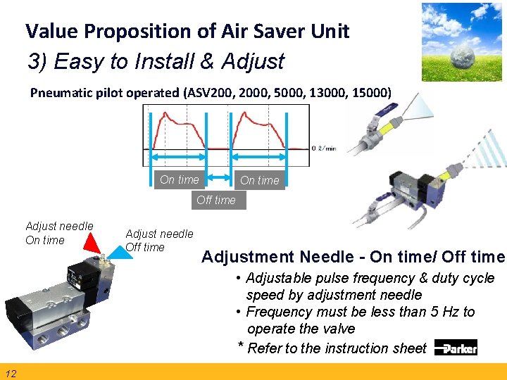 Value Proposition of Air Saver Unit 3) Easy to Install & Adjust Pneumatic pilot