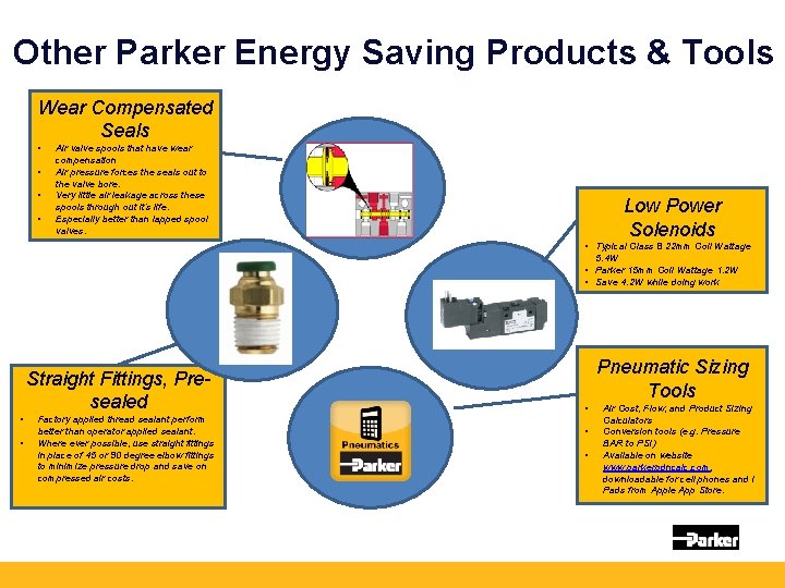 Other Parker Energy Saving Products & Tools Wear Compensated Seals • • Air valve