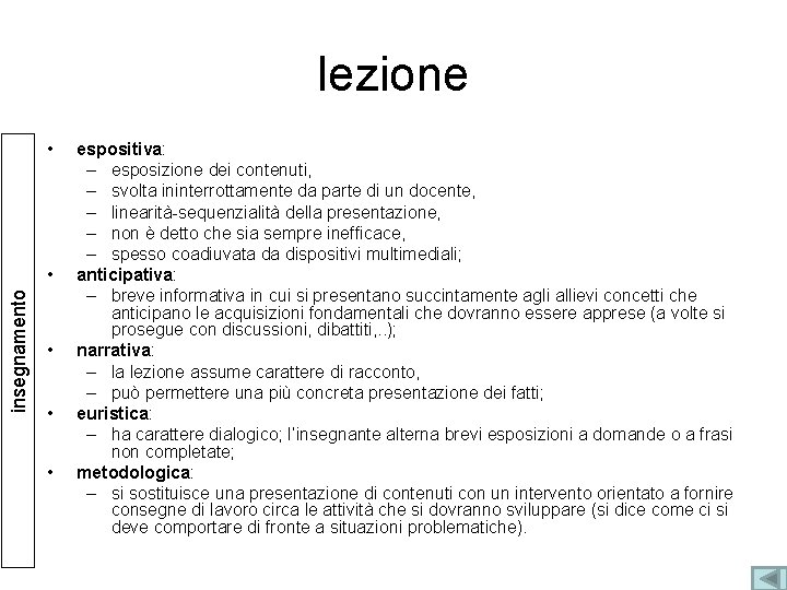 lezione • insegnamento • • espositiva: – esposizione dei contenuti, – svolta ininterrottamente da