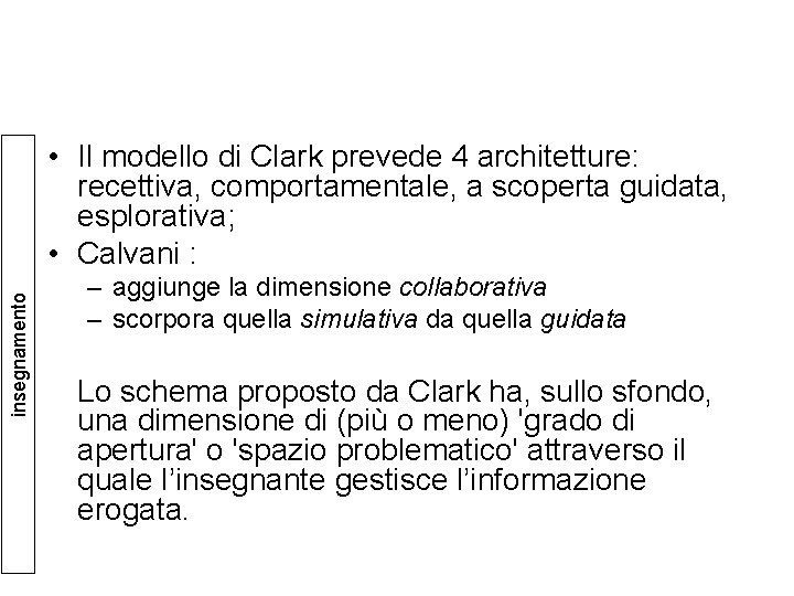 insegnamento • Il modello di Clark prevede 4 architetture: recettiva, comportamentale, a scoperta guidata,