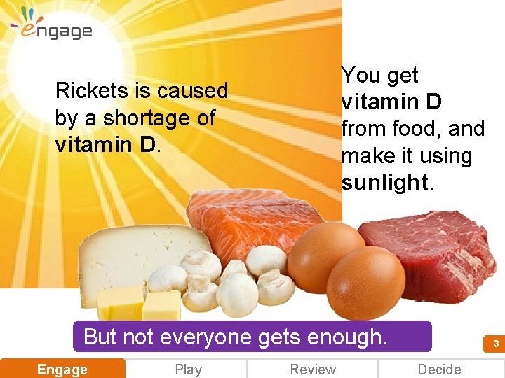 You get vitamin D from food, and make it using sunlight. Rickets is caused