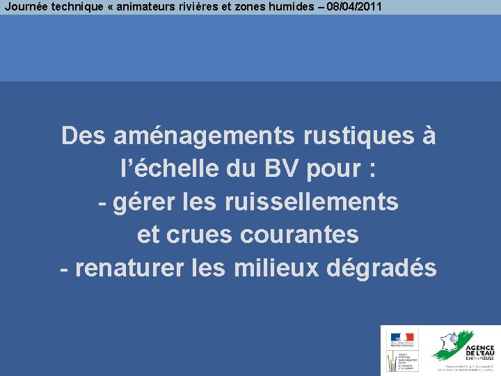 Journée technique « animateurs rivières et zones humides – 08/04/2011 Des aménagements rustiques à