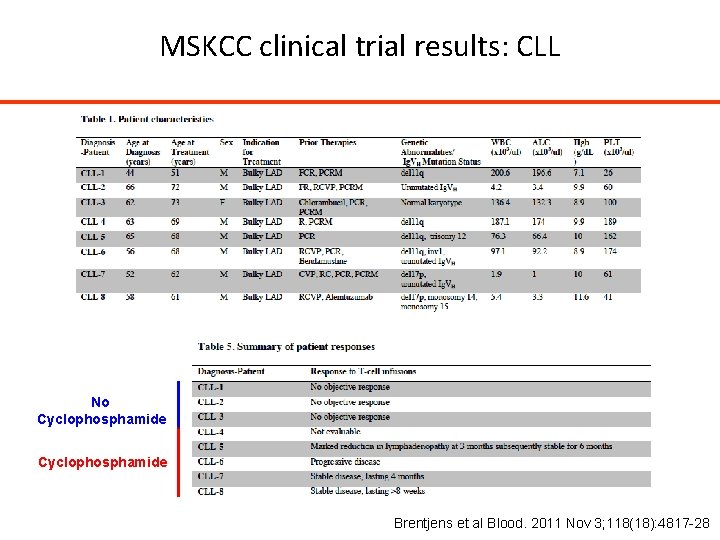 MSKCC clinical trial results: CLL No Cyclophosphamide Brentjens et al Blood. 2011 Nov 3;