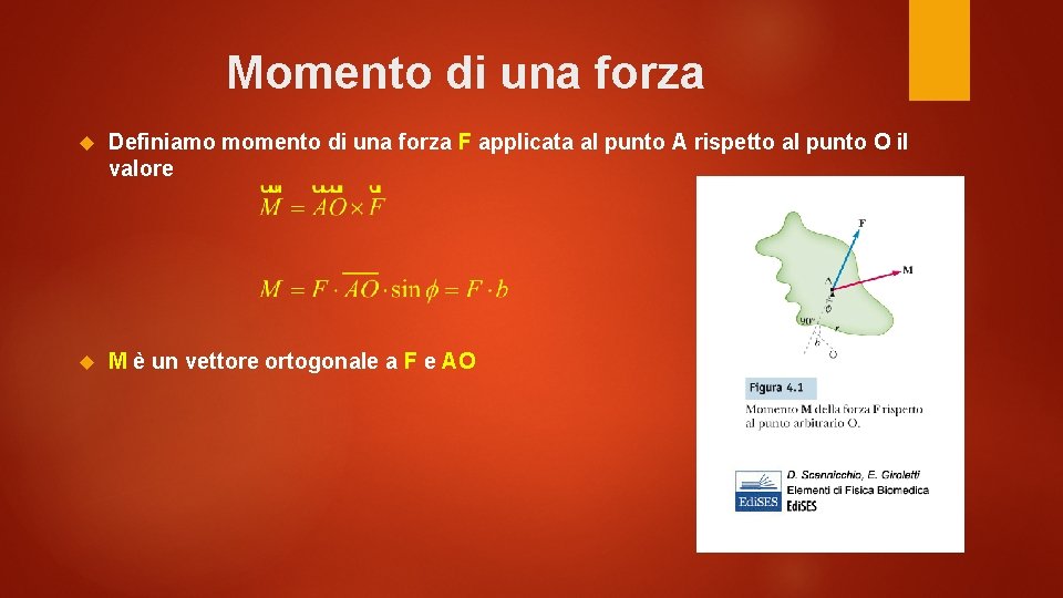 Momento di una forza Definiamo momento di una forza F applicata al punto A