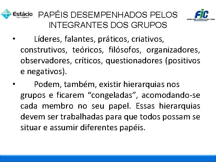 PAPÉIS DESEMPENHADOS PELOS INTEGRANTES DOS GRUPOS Líderes, falantes, práticos, criativos, construtivos, teóricos, filósofos, organizadores,