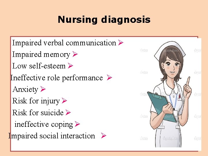 Nursing diagnosis Impaired verbal communication Ø Impaired memory Ø Low self-esteem Ø Ineffective role