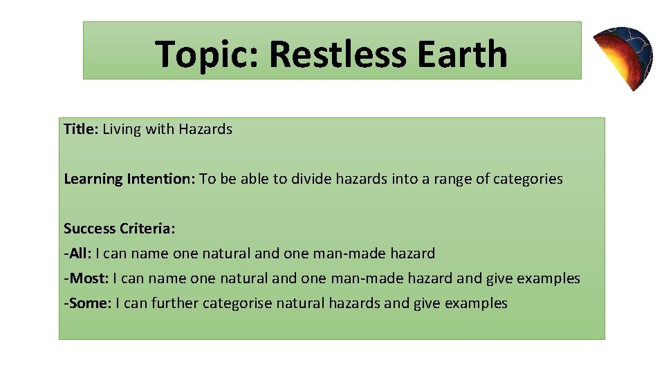 Topic: Restless Earth Title: Living with Hazards Learning Intention: To be able to divide