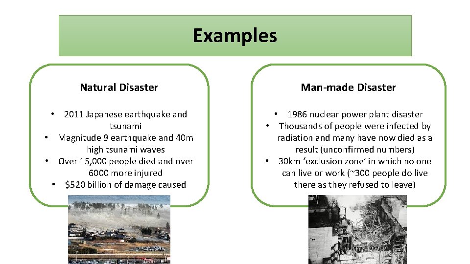 Examples Natural Disaster Man-made Disaster • 2011 Japanese earthquake and tsunami • Magnitude 9