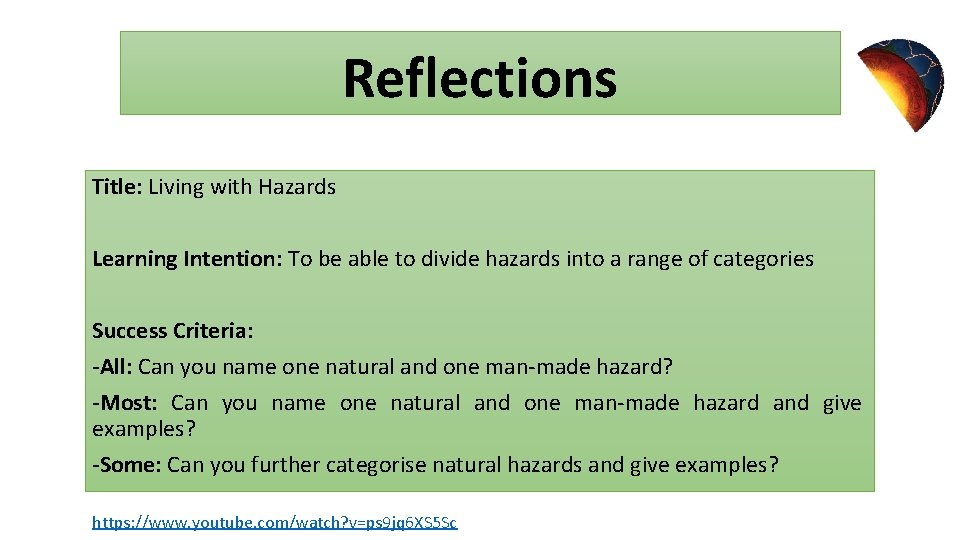 Reflections Title: Living with Hazards Learning Intention: To be able to divide hazards into