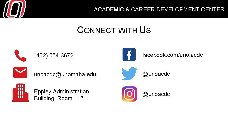 ACADEMIC & CAREER DEVELOPMENT CENTER CONNECT WITH US (402) 554 -3672 facebook. com/uno. acdc