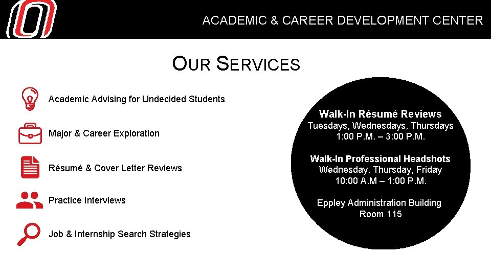 ACADEMIC & CAREER DEVELOPMENT CENTER OUR SERVICES Academic Advising for Undecided Students Walk-In Résumé