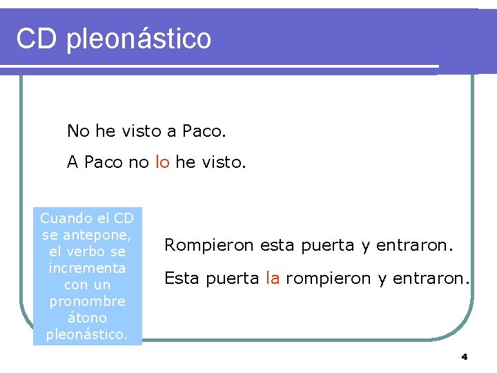 CD pleonástico No he visto a Paco. A Paco no lo he visto. Cuando