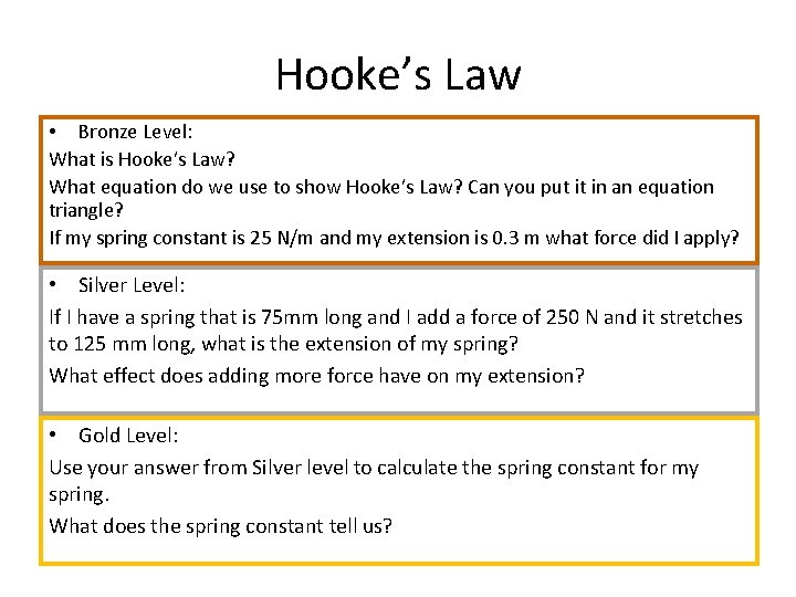 Hooke’s Law • Bronze Level: What is Hooke’s Law? What equation do we use