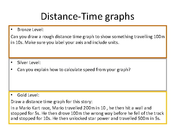 Distance-Time graphs • Bronze Level: Can you draw a rough distance time graph to