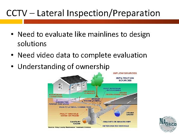 CCTV – Lateral Inspection/Preparation • Need to evaluate like mainlines to design solutions •