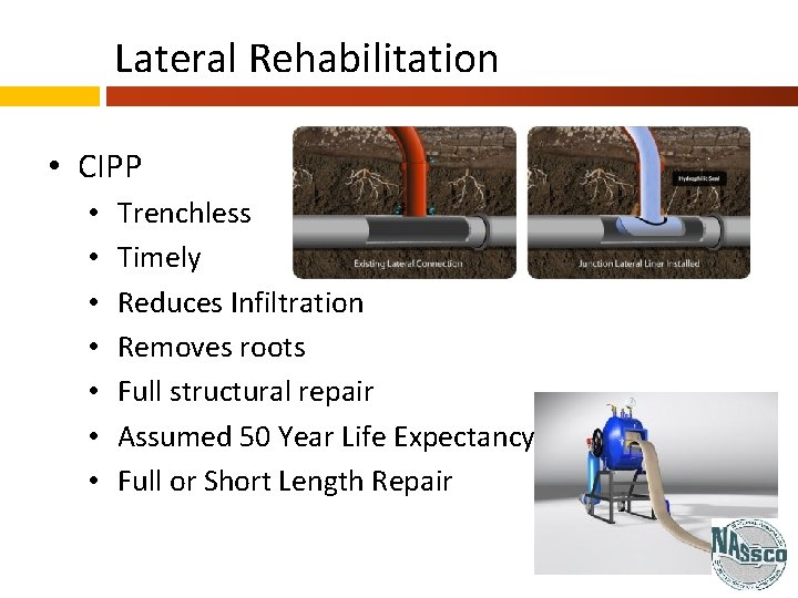 Lateral Rehabilitation • CIPP • • Trenchless Timely Reduces Infiltration Removes roots Full structural