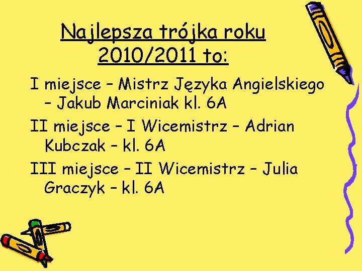 Najlepsza trójka roku 2010/2011 to: I miejsce – Mistrz Języka Angielskiego – Jakub Marciniak