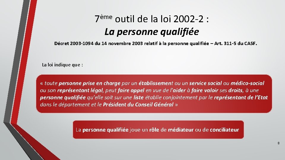 7ème outil de la loi 2002 -2 : La personne qualifiée Décret 2003 -1094