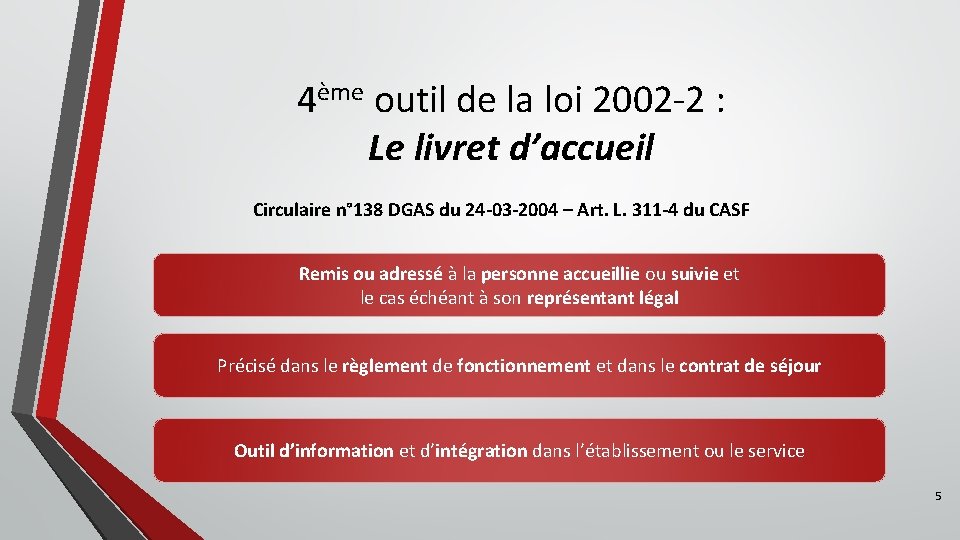 4ème outil de la loi 2002 -2 : Le livret d’accueil Circulaire n° 138