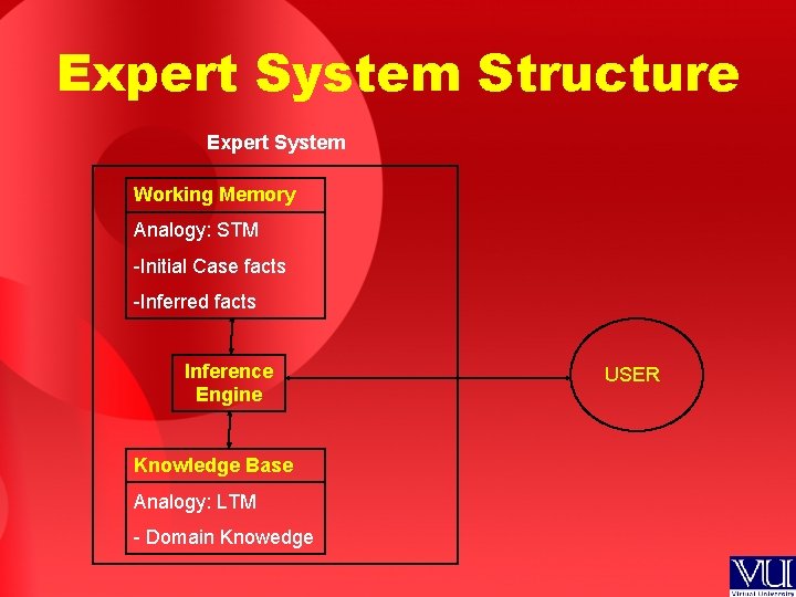 Expert System Structure Expert System Working Memory Analogy: STM -Initial Case facts -Inferred facts