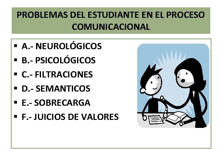 PROBLEMAS DEL ESTUDIANTE EN EL PROCESO COMUNICACIONAL § § § A. - NEUROLÓGICOS B.