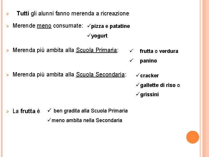 Ø Tutti gli alunni fanno merenda a ricreazione Ø Merende meno consumate: üpizza e Ø Tutti gli alunni fanno merenda a ricreazione Ø Merende meno consumate: üpizza e