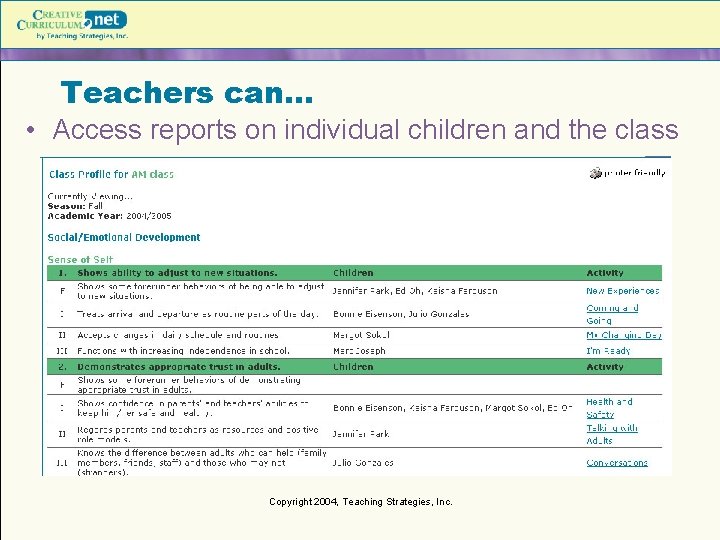 Teachers can… • Access reports on individual children and the class Copyright 2004, Teaching