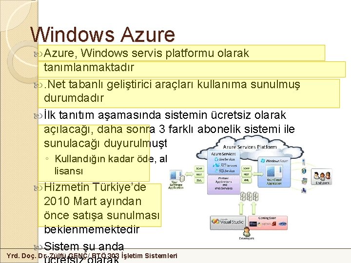 Windows Azure, Windows servis platformu olarak tanımlanmaktadır . Net tabanlı geliştirici araçları kullanıma sunulmuş