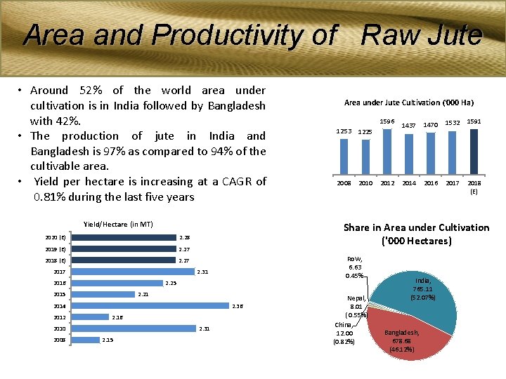 Area and Productivity of Raw Jute • Around 52% of the world area under