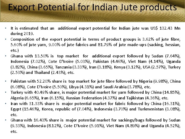 Export Potential for Indian Jute products • It is estimated that an additional export