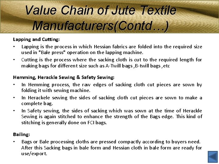 Value Chain of Jute Textile Manufacturers(Contd…) Lapping and Cutting: • Lapping is the process