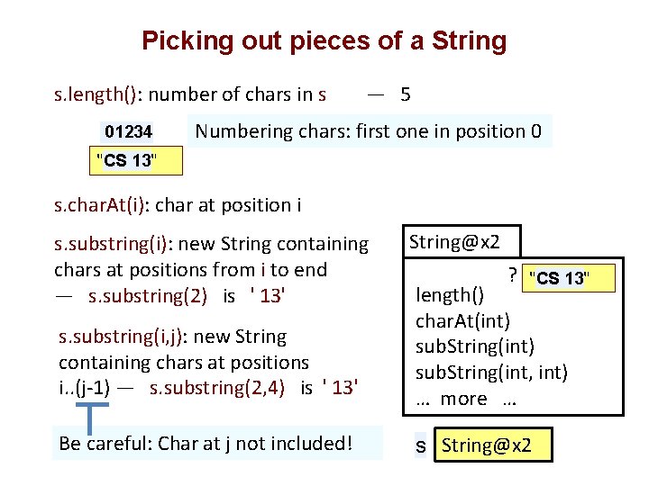 Picking out pieces of a String s. length(): number of chars in s 01234