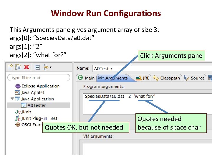 Window Run Configurations This Arguments pane gives argument array of size 3: args[0]: “Species.