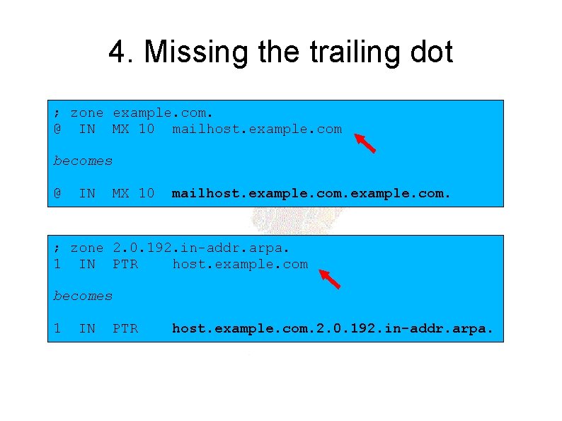 4. Missing the trailing dot ; zone example. com. @ IN MX 10 mailhost.