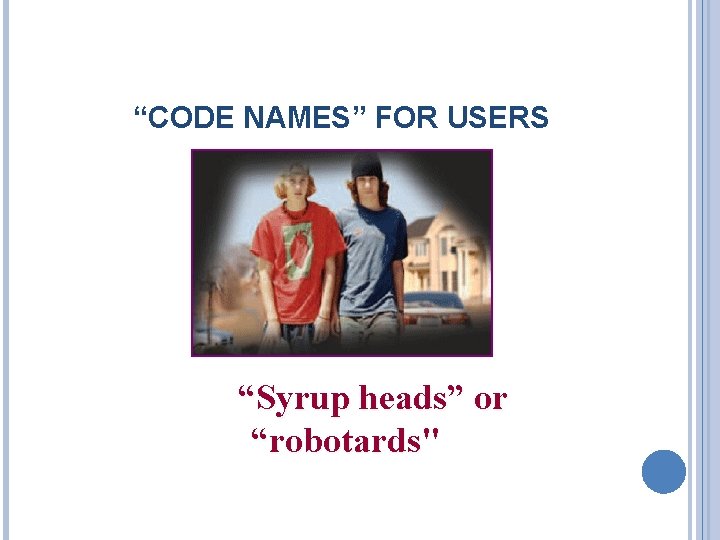 “CODE NAMES” FOR USERS “Syrup heads” or “robotards" 