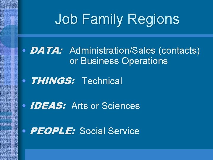Job Family Regions • DATA: Administration/Sales (contacts) or Business Operations • THINGS: Technical •