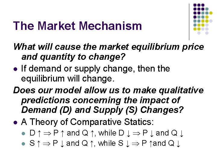 The Market Mechanism What will cause the market equilibrium price and quantity to change?