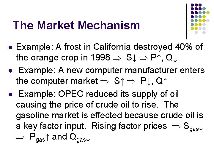 The Market Mechanism l l l Example: A frost in California destroyed 40% of